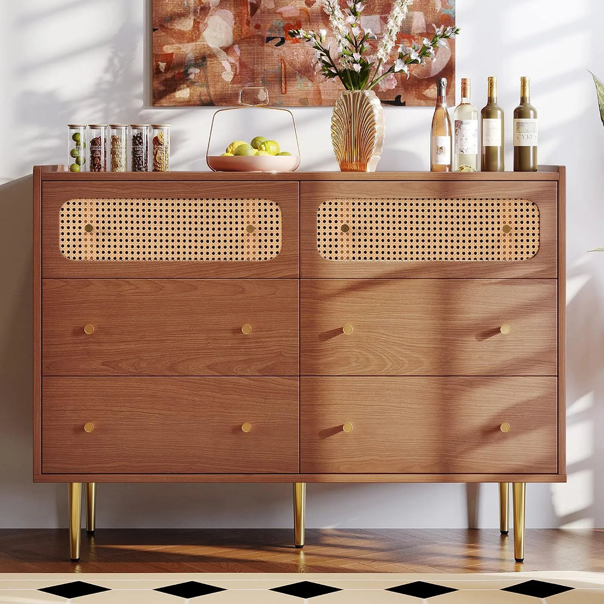 Bureau et table informatique — en métal, avec poignée, en bois, avec tiroirs, 6 tiroirs, 120 × 40 × 90 cm, en résine tressée