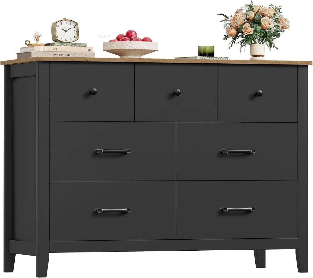 Commode et meuble à tiroirs Chambre: pour enfant, en bois, avec rangement, avec tiroirs, 7 Tiroirs, 106 × 40 × 81 cm, noir