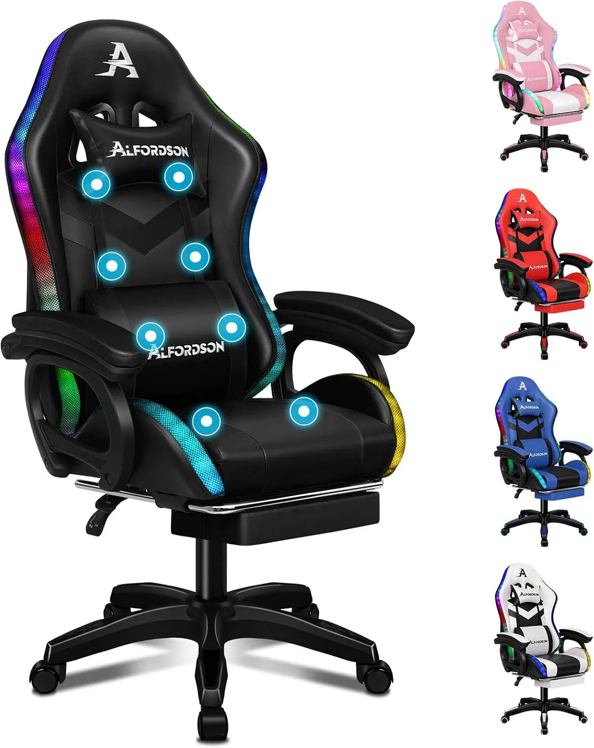 Chaise: RVB, avec dossier, pour gaming, affichage LED, noir