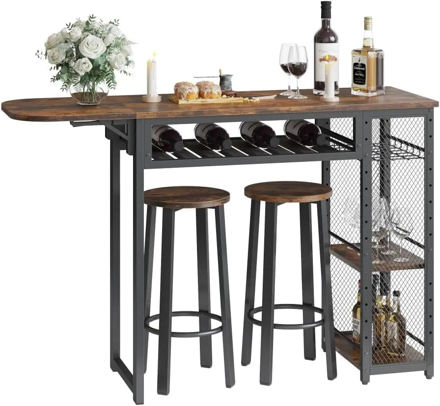 Bestier Ensemble Table de Bar Industriel avec 2 Tabourets: en métal, en bois, marron