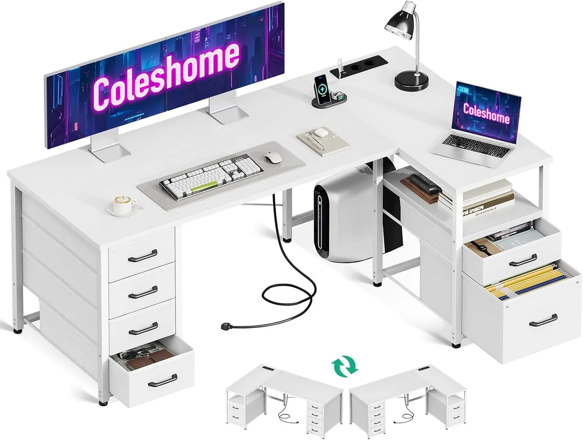 Bureau et table informatique: réversible, revêtement en tissu, avec tiroirs, avec port USB, 140 × 80cm, blanc