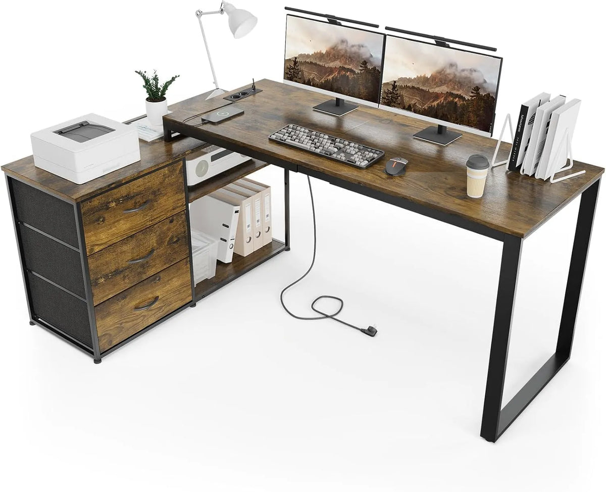 Bureau – réversible, avec tiroirs, avec Bibliothèque et étagère de rangements, avec port USB, 3 tiroirs, 140 × 105 × 75 cm, marron, avec étagères