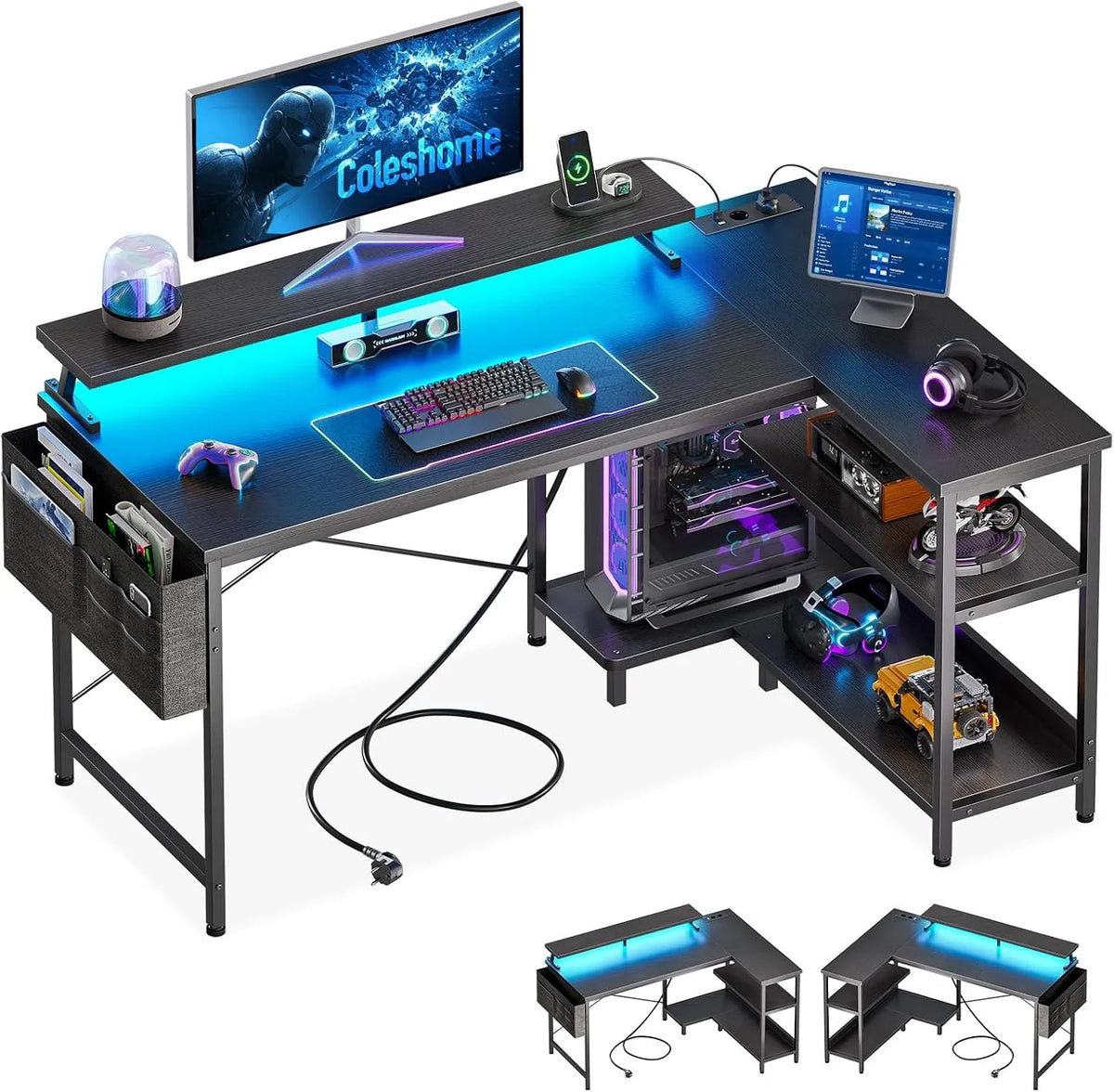 Bureau et table informatique: avec port USB, pour gaming, affichage LED, 120 × 80 × 87.7cm, noir