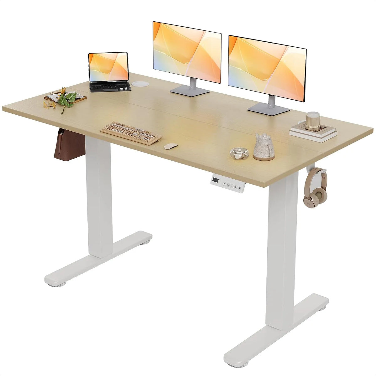 Bureau et table informatique – réglable, 120 × 60 cm, beige, hauteur réglable