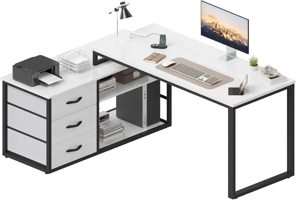 Bureau — réversible, avec tiroirs, avec Bibliothèque et étagère de rangements, avec port USB, 3 tiroirs, 140 × 105 × 75 cm, gris, avec étagères