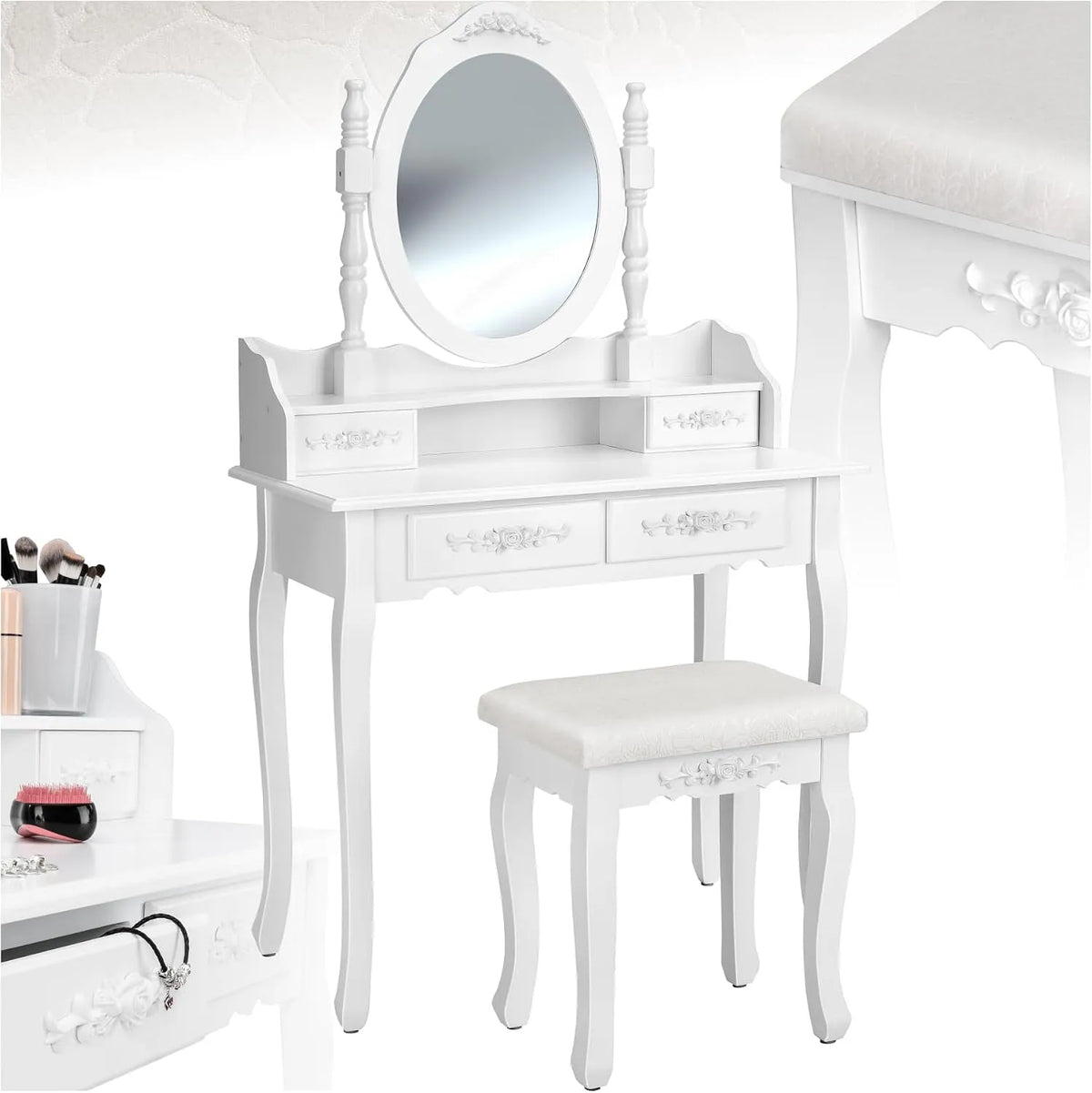 tectake Banc et banquette d'intérieur – pour femme, en bois, avec rangement, avec tiroirs, 4 Tiroirs, blanc
