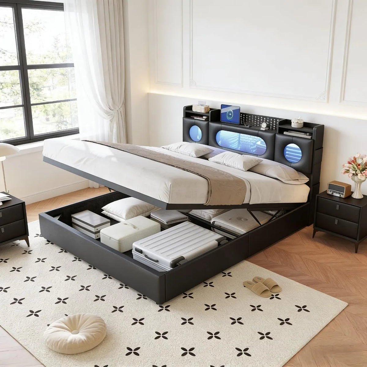 Lit capitonné — avec rangement, avec port USB, affichage LED, 140 × 200 cm, noir, avec rangement intégré, revêtement en tissu