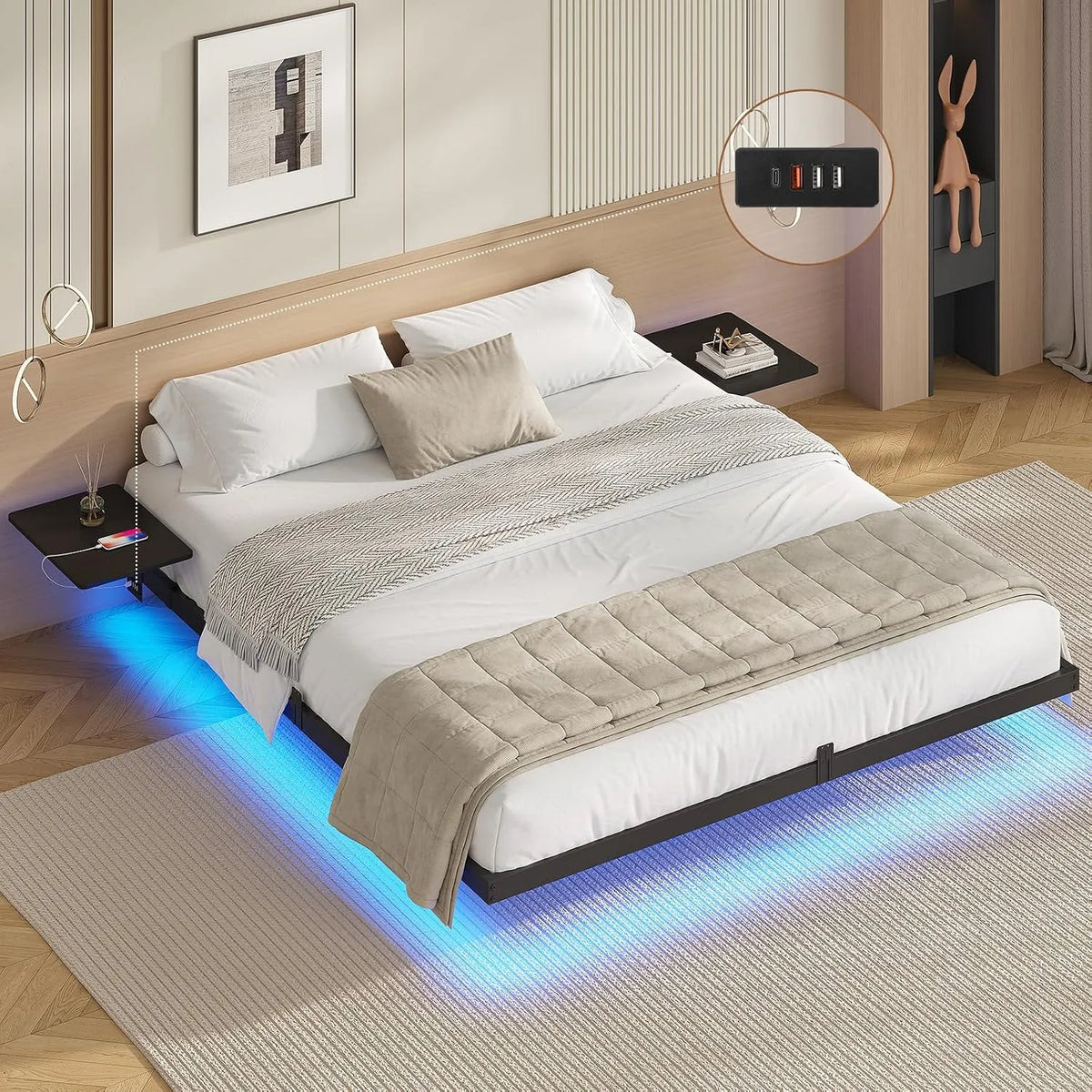 Lit 2 Personnes avec 2 Bibliothèque et étagère de rangements de Chevet: en métal, avec rangement, avec étagères, affichage LED, 180 × 200, 24 CM, noir