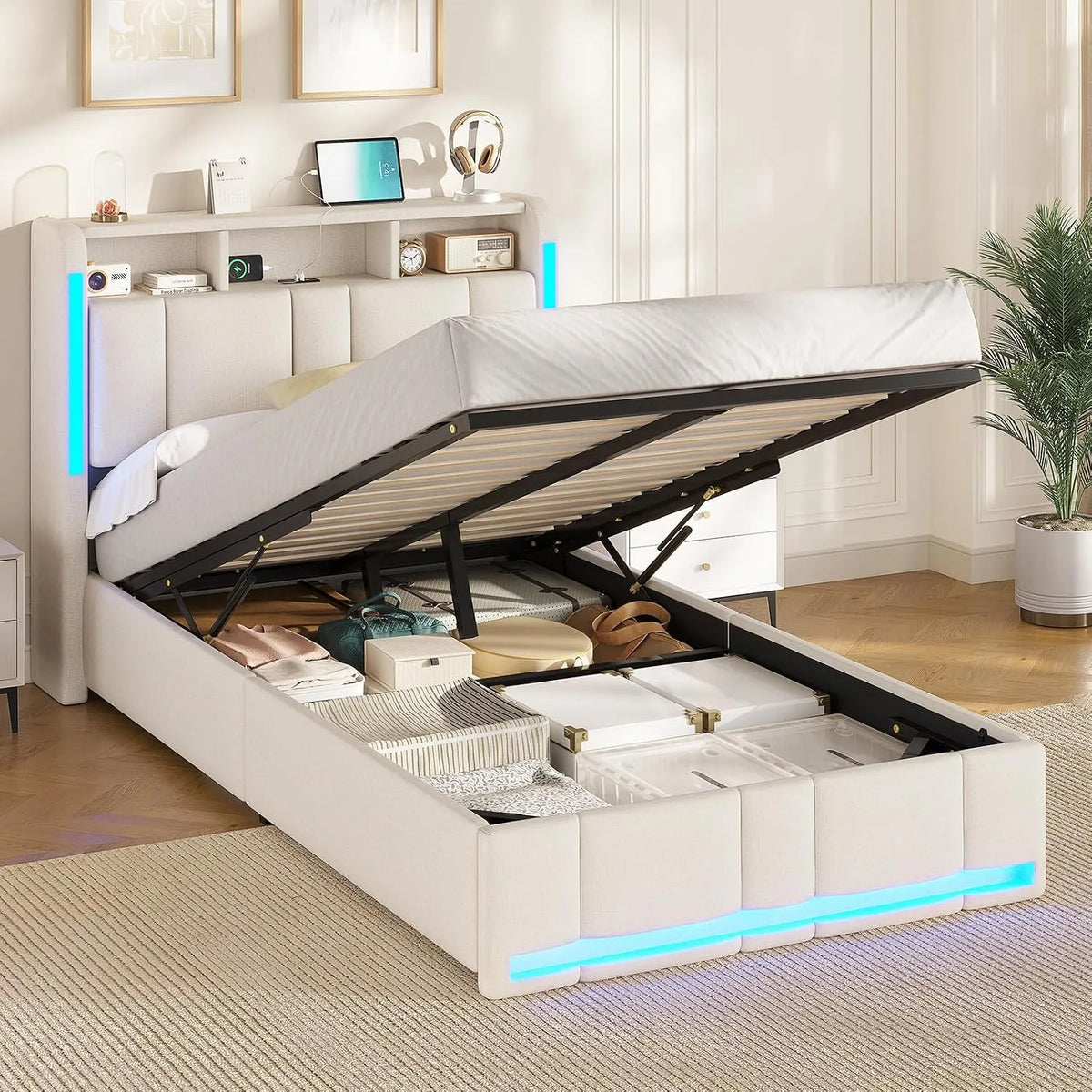 Lit Coffre 90x200 CM – en bois, avec rangement, avec port USB, affichage LED, 90 × 200 CM, beige, revêtement en tissu