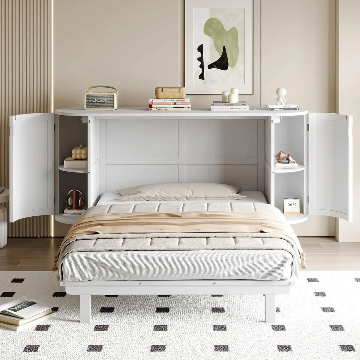 Lit Pliant 140 x 200 cm — montage mural, avec rangement, 140 × 200 cm, blanc