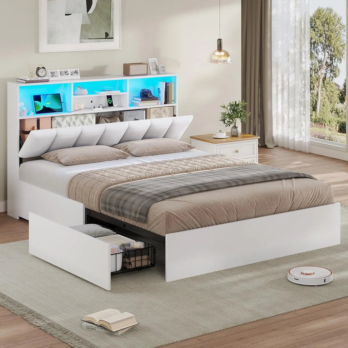 Lit Coffre 140×190 cm avec Ports USB et éclairage LED — en métal, avec rangement, avec tiroirs, avec port USB, blanc, revêtement en tissu