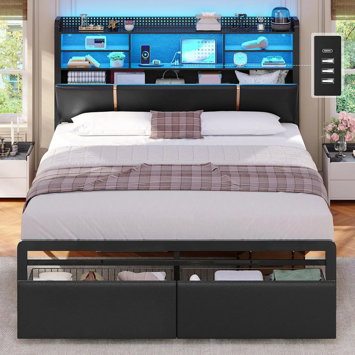Lit 140x190 avec Multiprise et Éclairage LED – en métal, avec rangement, avec tiroirs, affichage LED, 140 × 190, noir