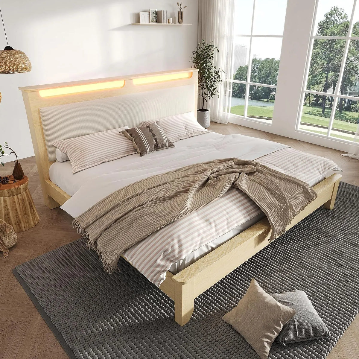 Banc et banquette d'intérieur – en velours côtelé, en bois, avec rangement, avec dossier, 160 × 200 cm, beige, avec éclairage LED, revêtement en tissu