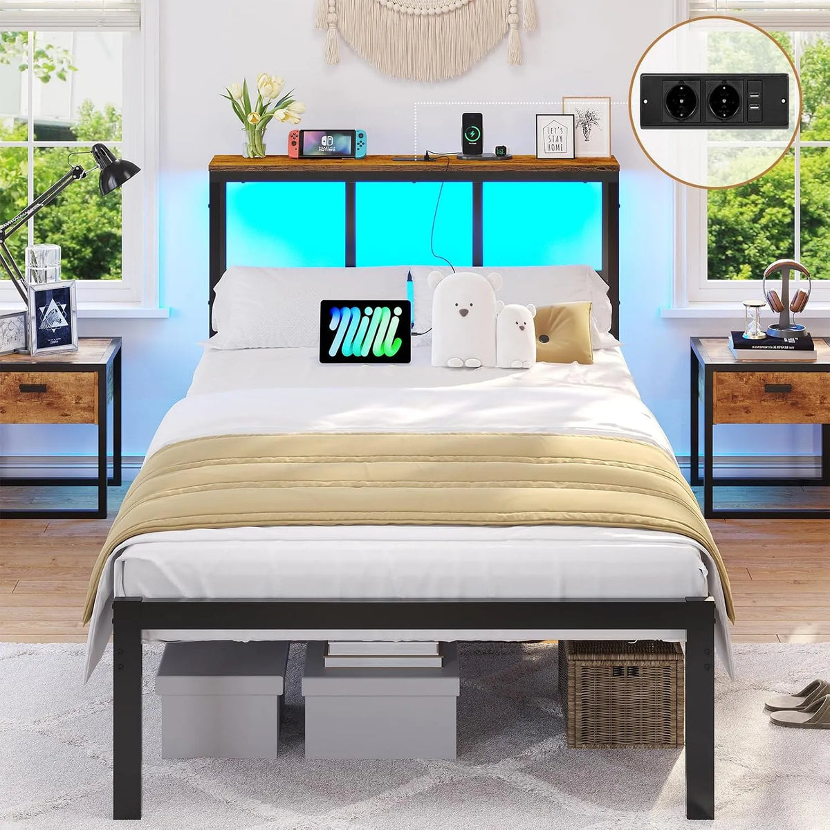 Lit 90x200cm en Métal – avec port USB, affichage LED, 90 × 200cm, noir