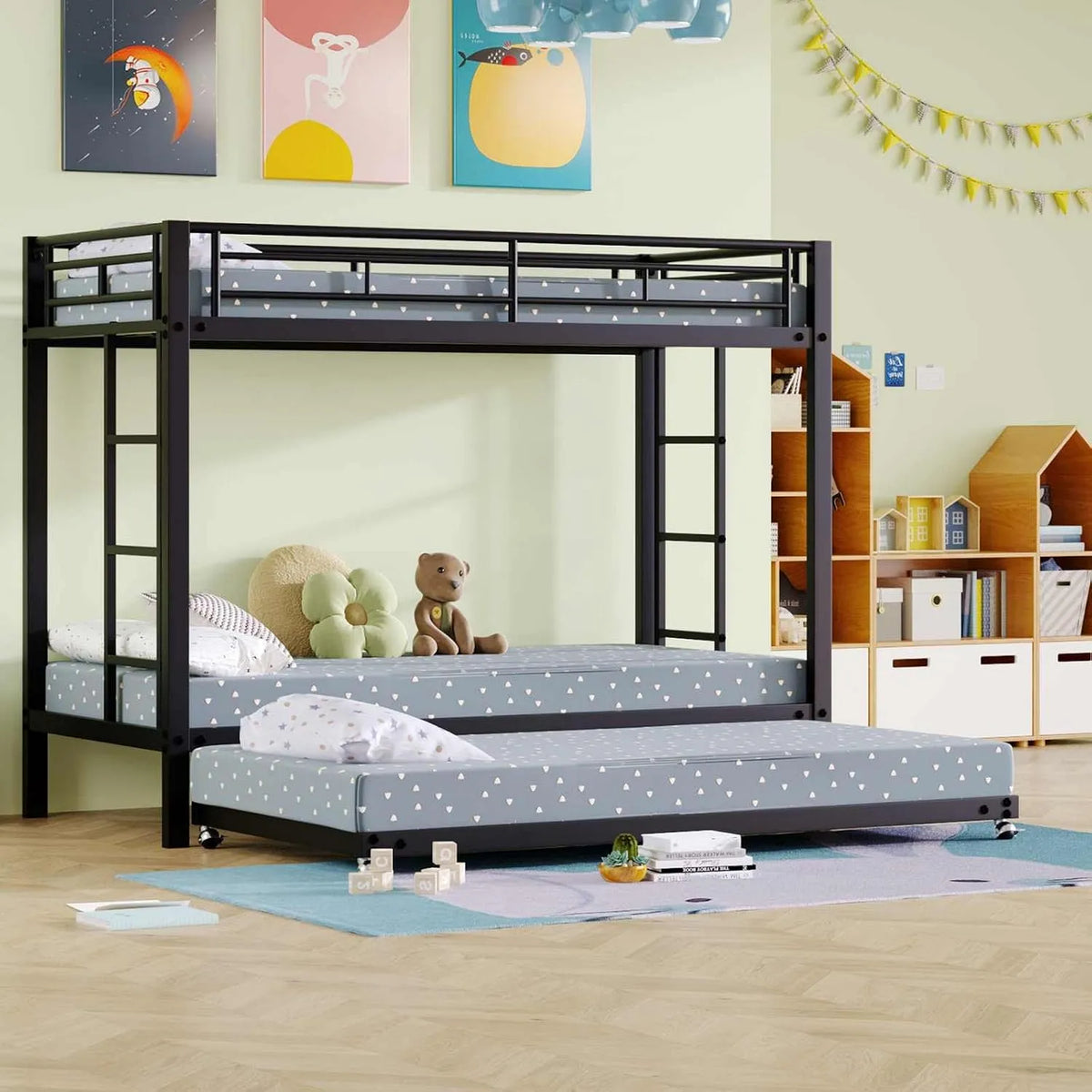 Lit superposé et lit mezzanine: en métal, avec échelle, 90 × 200cm, noir, revêtement en tissu