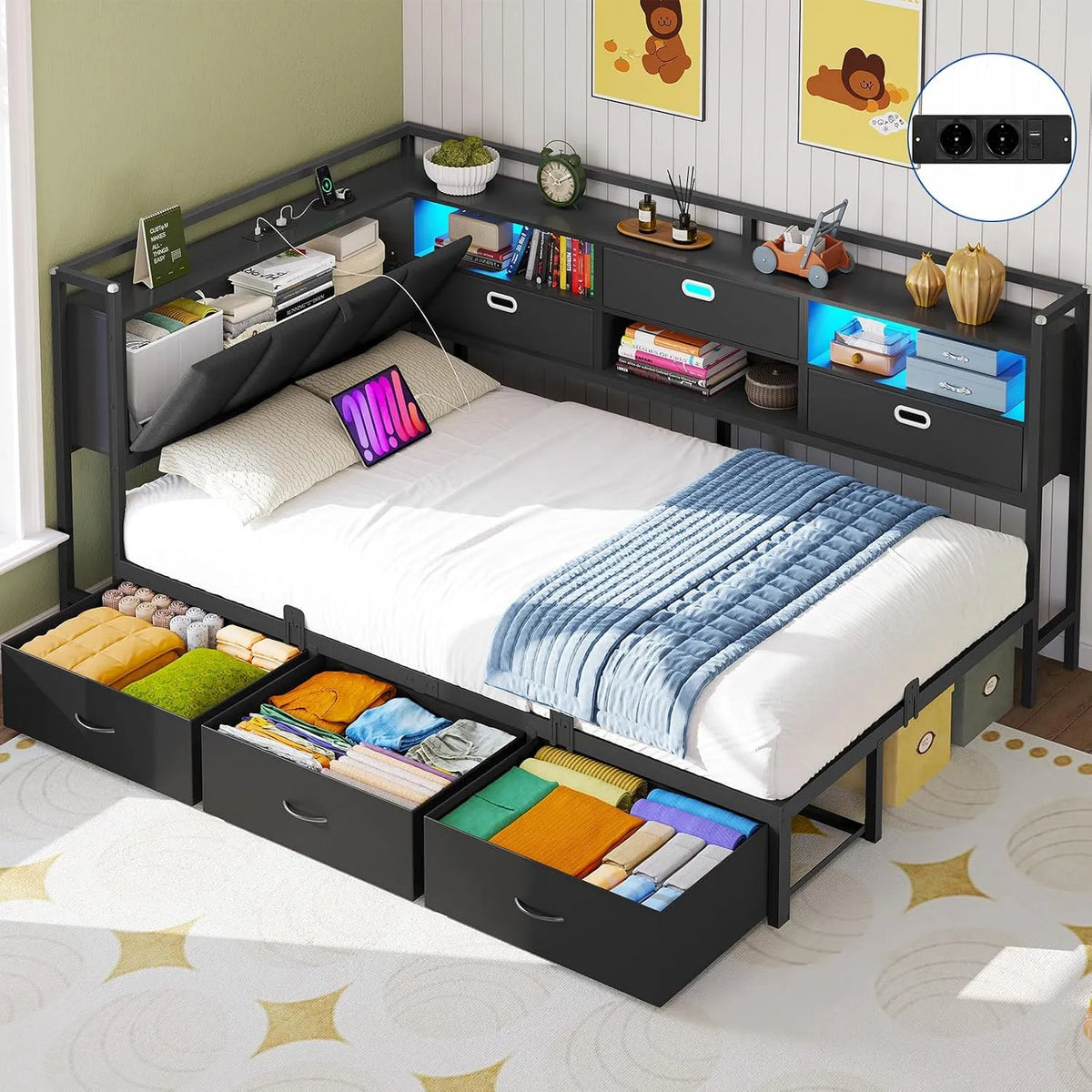 Canapé convertible et canapé-lit — pour enfant, avec rangement, avec tiroirs, avec port USB, 6 Tiroirs, 90 × 200 cm, noir, avec éclairage LED