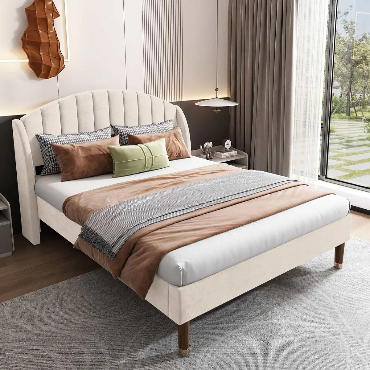 Lit Double Rembourré avec Tête de Lit Cadre de lit et structure de lit: en bois, 140 × 200cm, beige, revêtement en velours, revêtement en tissu
