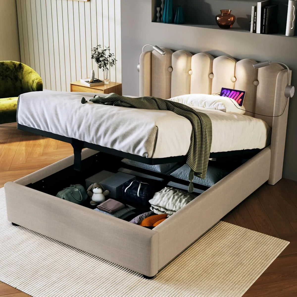 Lit Coffre avec Rangement sous Lit — 90 × 200cm, revêtement en tissu
