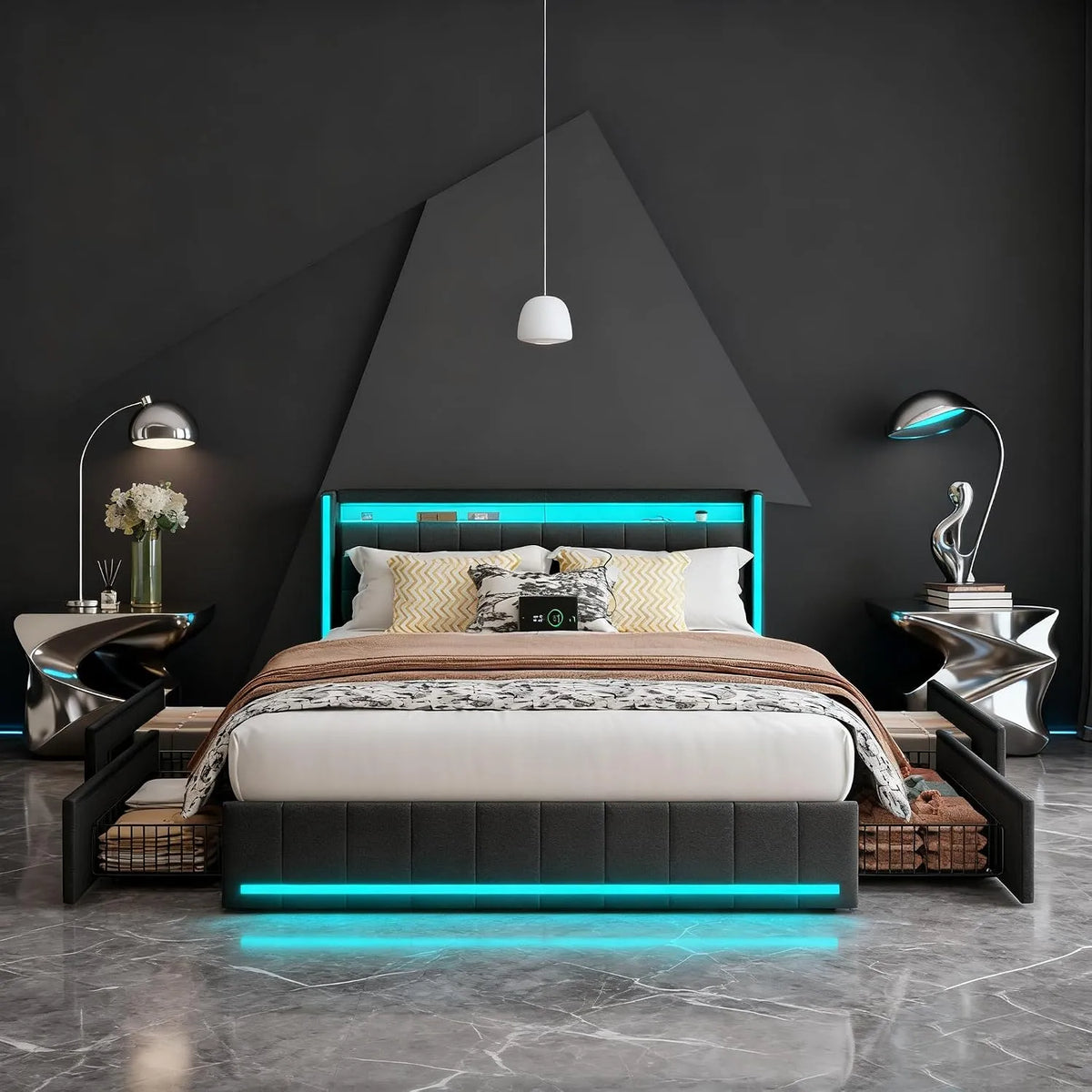 Lit 140x190 avec Sommier et LED — avec tiroirs, avec port USB, affichage LED, 4 Tiroirs, 140 × 190, gris, revêtement en tissu