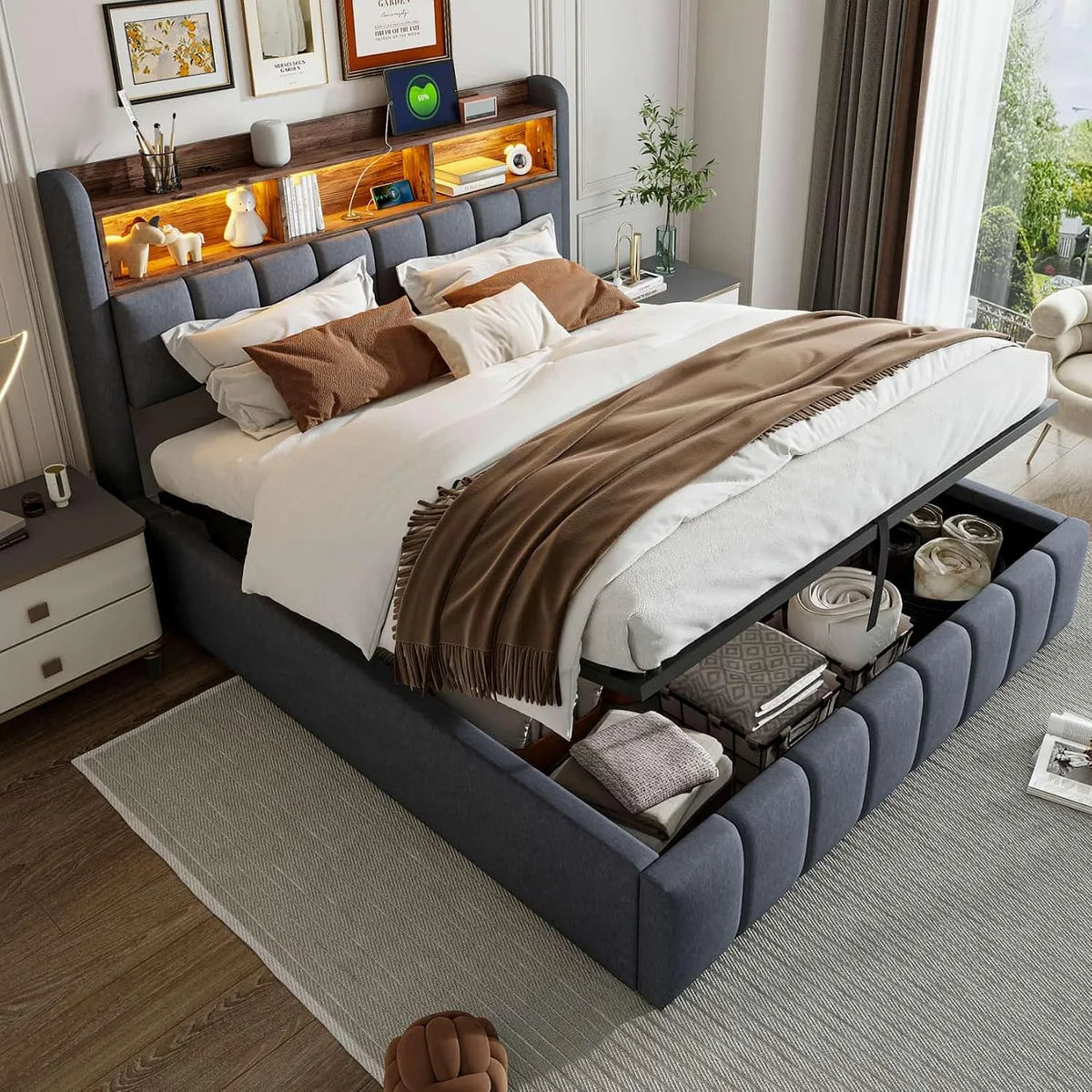 Lit Double 180x200cm avec Ports USB et Lumière LED: revêtement en tissu, avec rangement, avec port USB, affichage LED, 180 × 200cm, gris