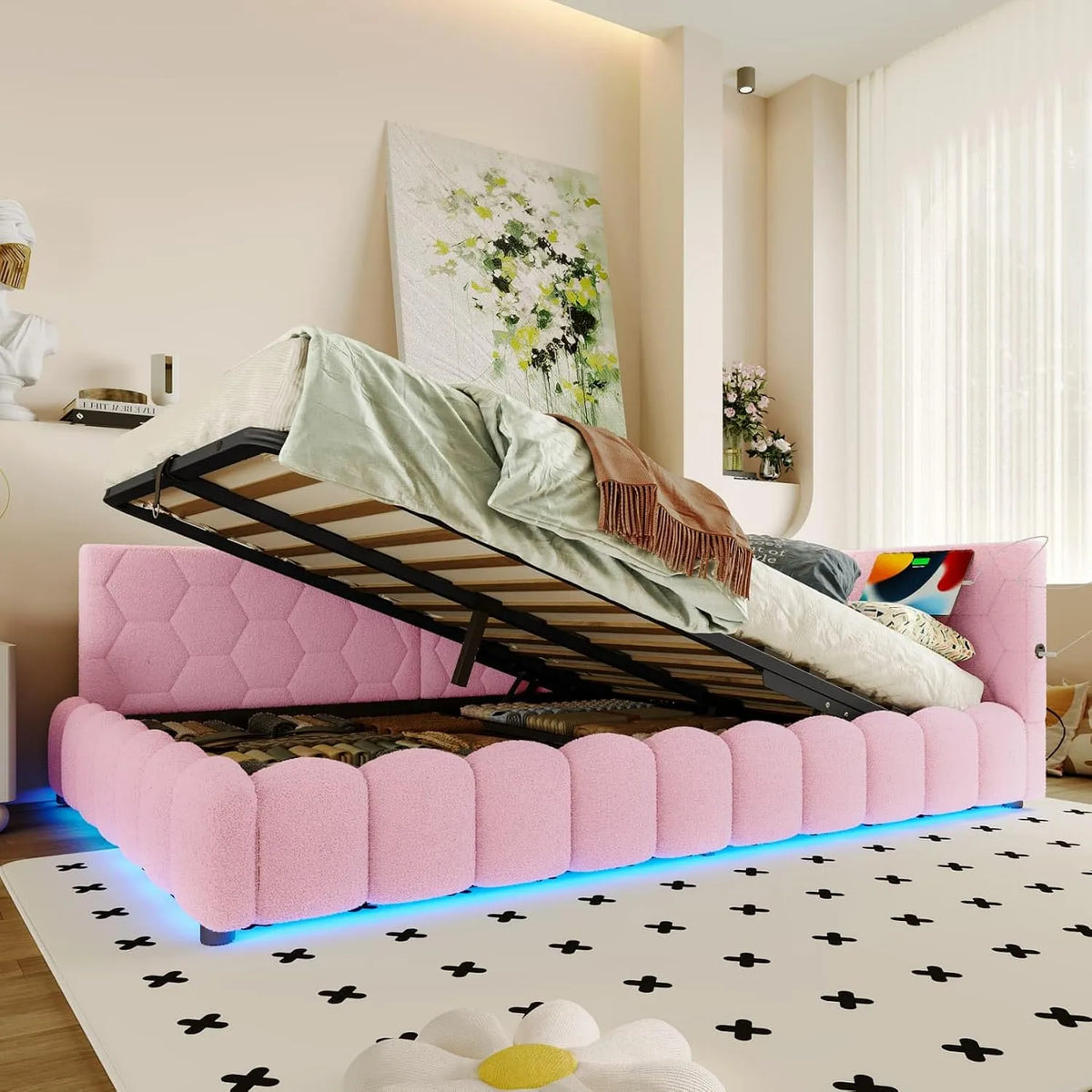 Canapé convertible et canapé-lit – avec rangement, avec port USB, affichage LED, 2 Places, 140 × 200cm, rose, revêtement en tissu