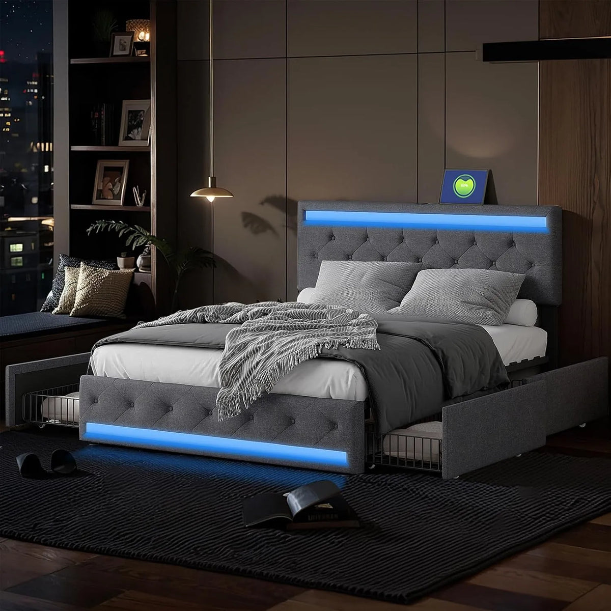 Lit Double Rembourré 140x190cm — avec tiroirs, avec port USB, affichage LED, 4 tiroirs, 140 × 190cm, gris