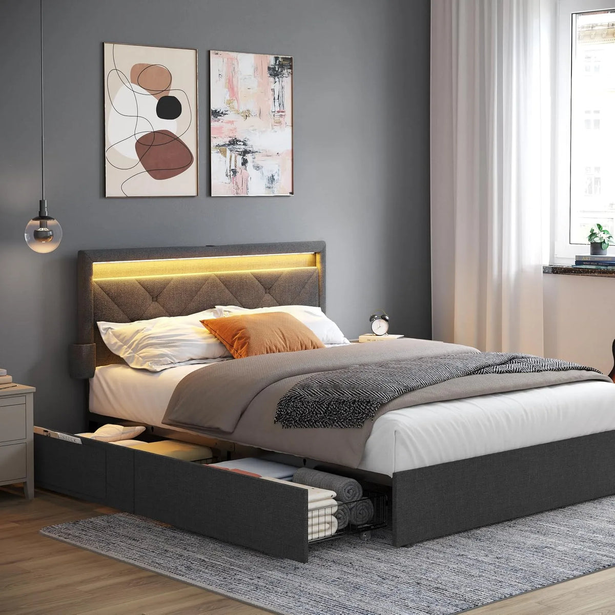 VASAGLE RMB826G02 Lit rembourré et cadre de lit tapissé: en métal, avec tiroirs, réglable, affichage LED, 4 Tiroirs, 140 × 190 cm, gris
