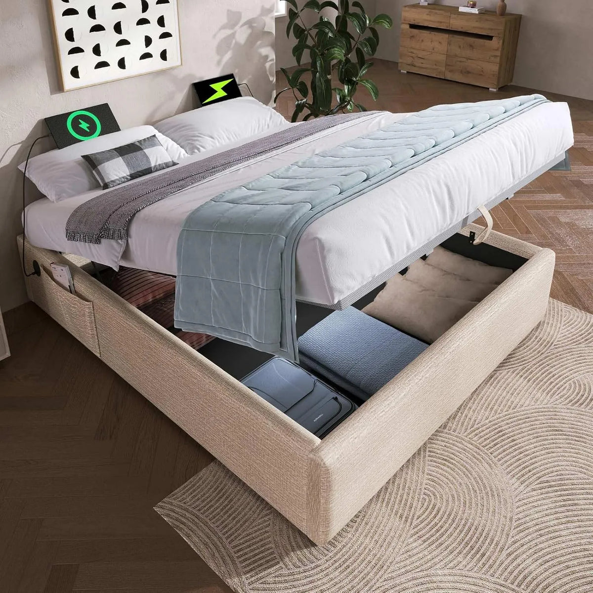 Lit rembourré et cadre de lit tapissé: avec rangement, avec port USB, 160×200 cm, revêtement en tissu