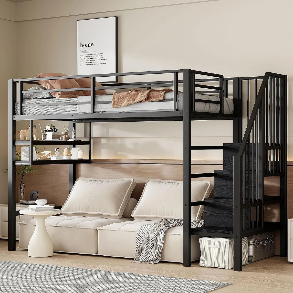 Lit Mezzanine Adulte et Enfant 140x200 cm — pour enfant, avec escalier, 140 × 200 cm