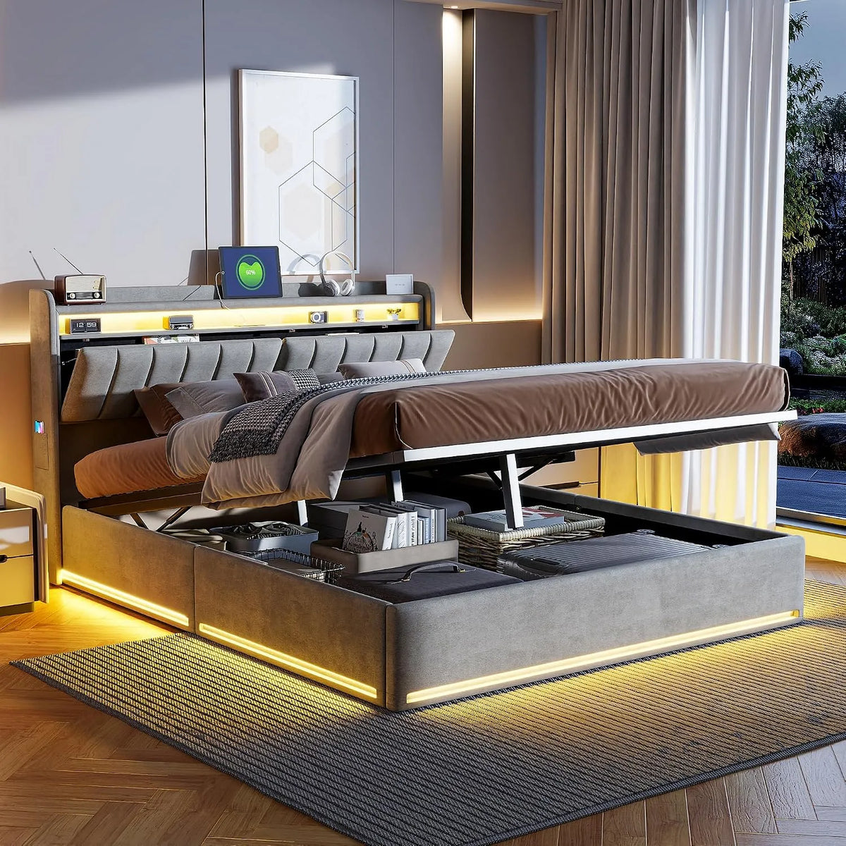 Lit double rembourré – avec rangement, avec tiroirs, affichage LED, 140 × 200 cm, gris, revêtement en velours