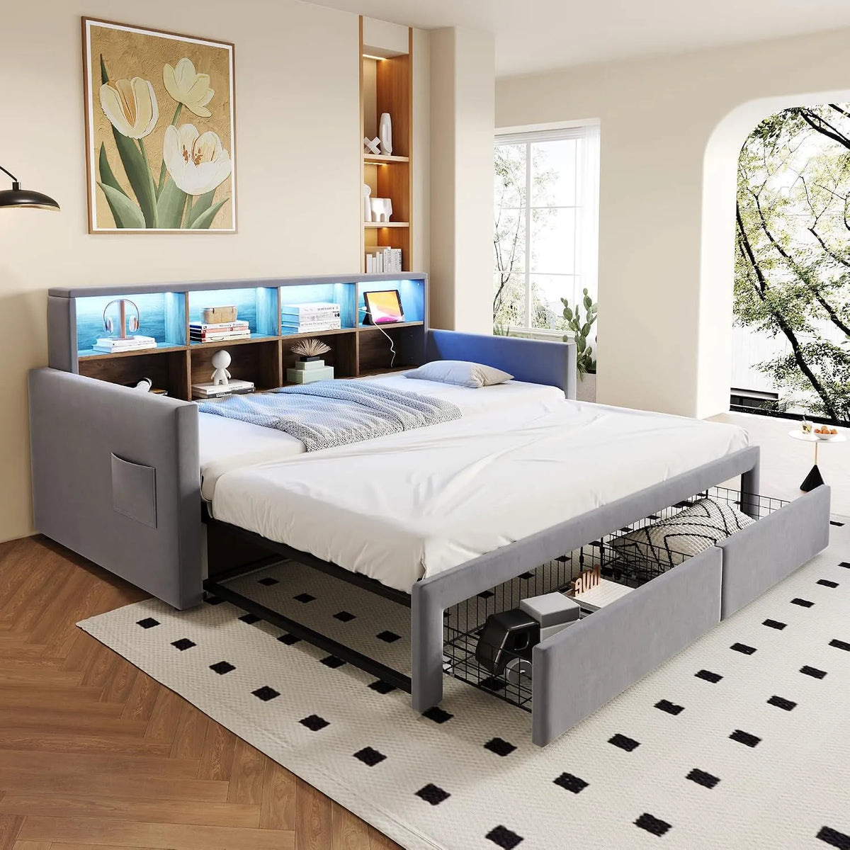 Canapé convertible et canapé-lit – avec rangement, avec tiroirs, convertible, avec port USB, 2 tiroirs, 180 × 190 cm, gris, extensible