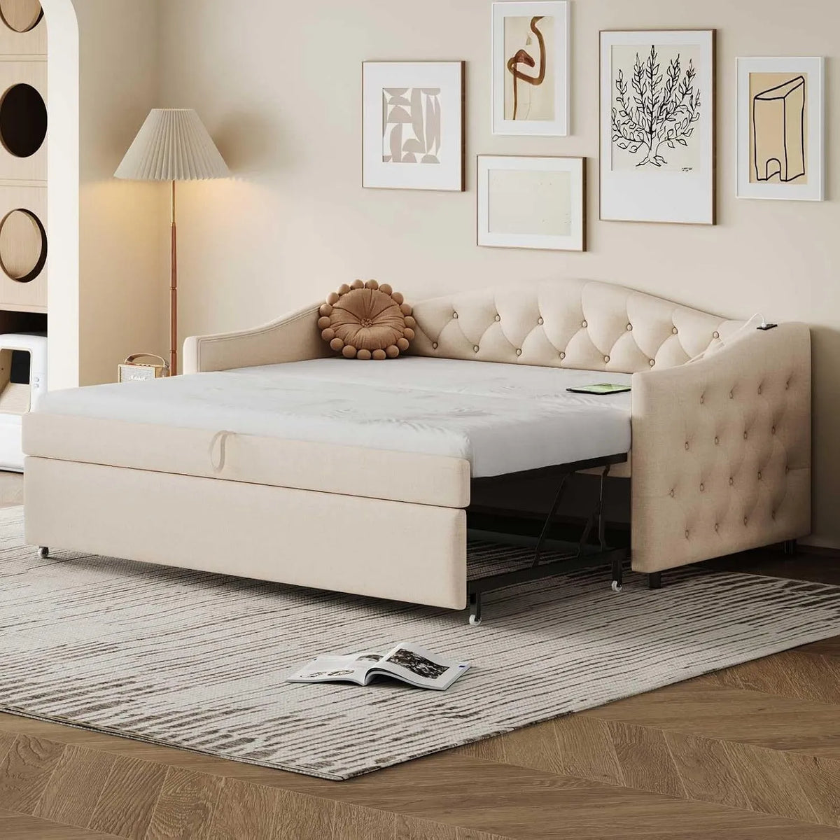 Lit rembourré et cadre de lit tapissé: revêtement en tissu, avec port USB, 90 × 200cm, beige, extensible