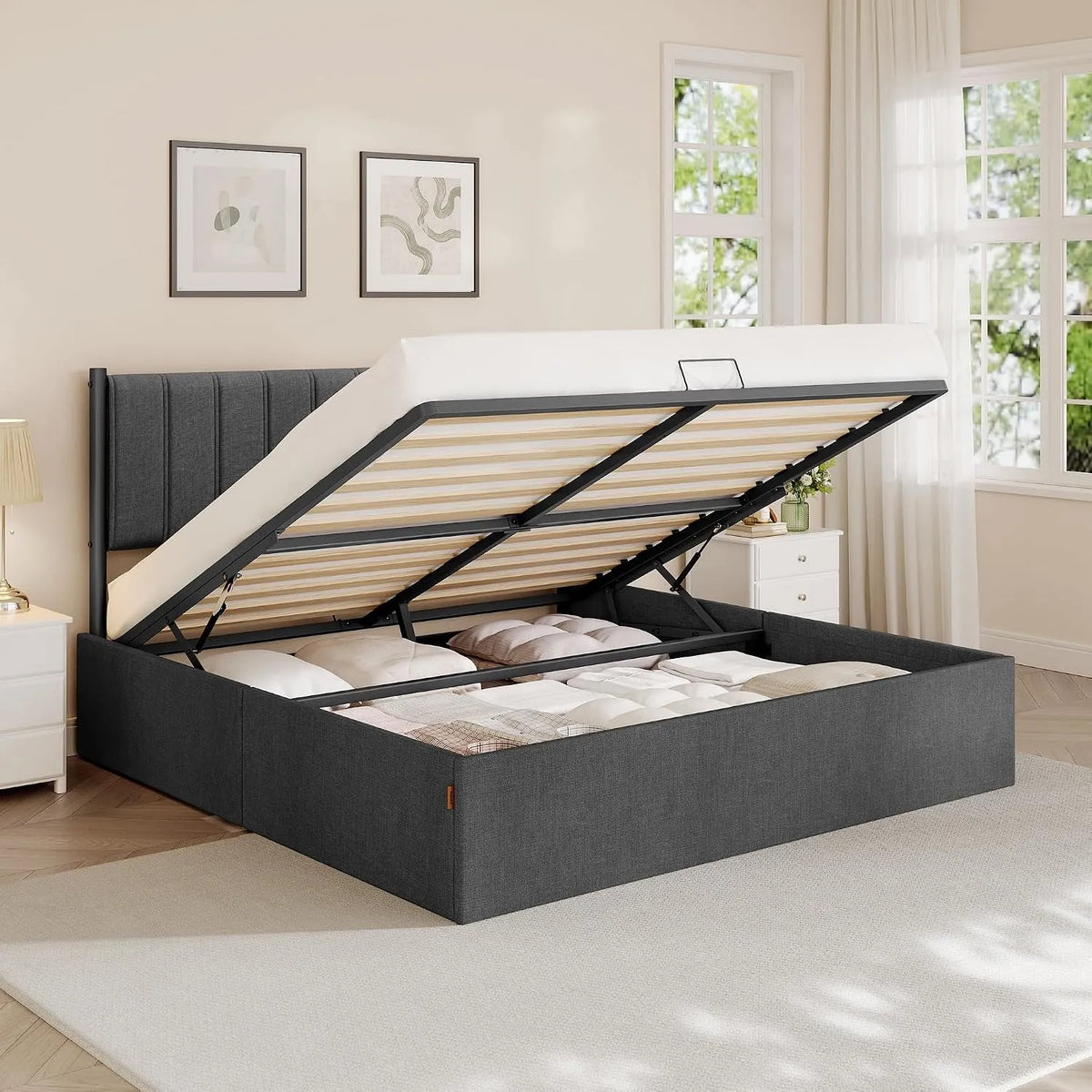VASAGLE RMB618GN01 Lit Coffre 180 x 200 cm: avec rangement, 180 × 200 cm, gris