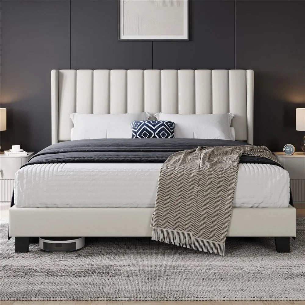 Yaheetech Lit Double Rembourré 160x200 cm avec Sommier à Lattes — en métal, en bois, 160 × 200 cm, beige