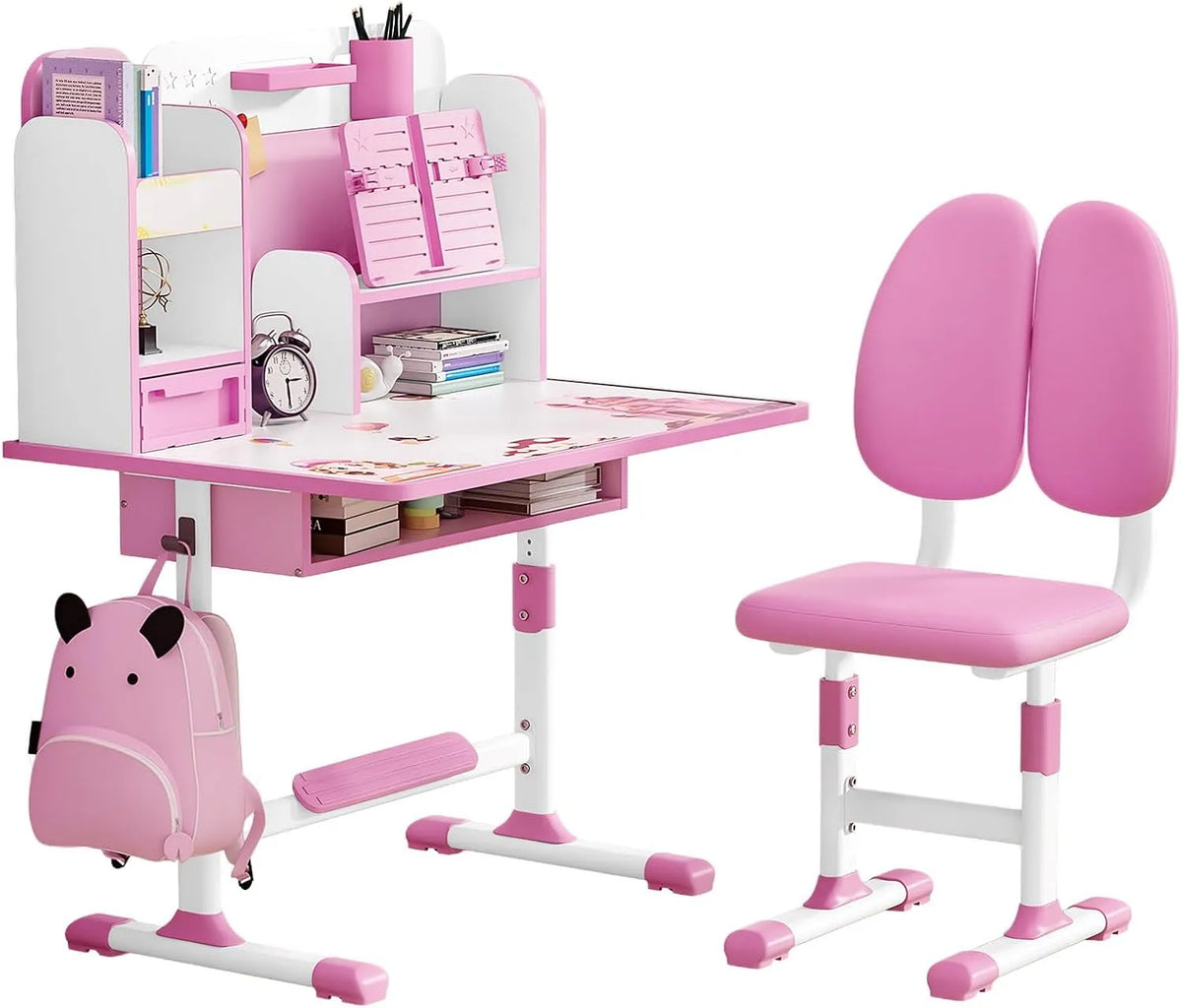 Bureau et table informatique: pour enfant, avec tiroirs, réglable, rose