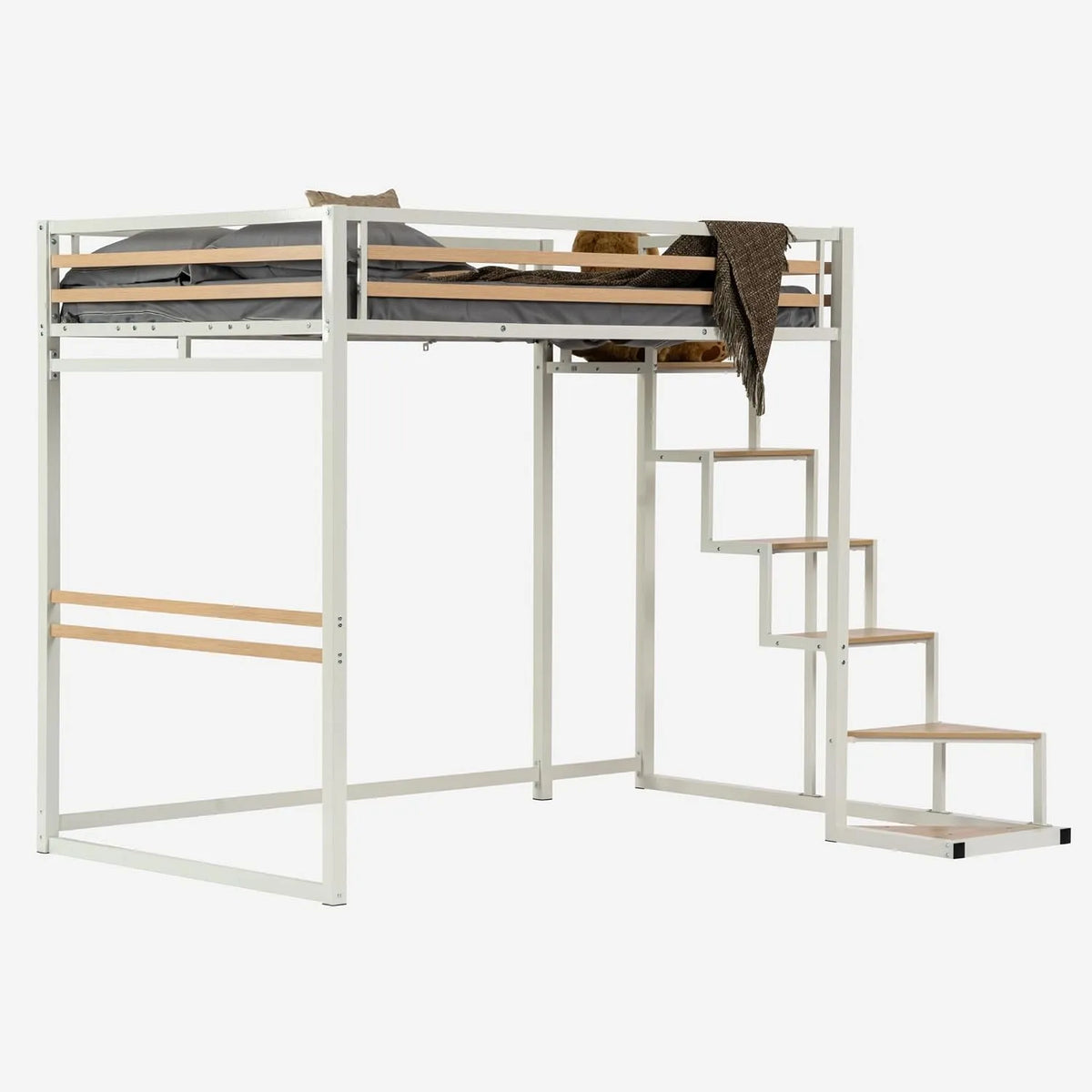 Meuble Cosy Lit Mezzanine 2 Places 140x200cm avec Sommier à: pour enfant, en métal, en bois, 140 × 200cm, blanc