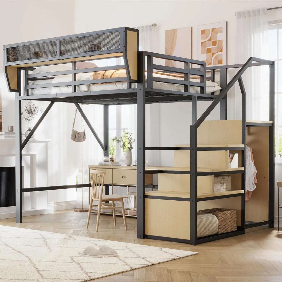 Merax Lit Mezzanine 140x200 cm en métal — pour enfant, avec rangement, avec échelle, 140 × 200 cm, noir, revêtement en tissu