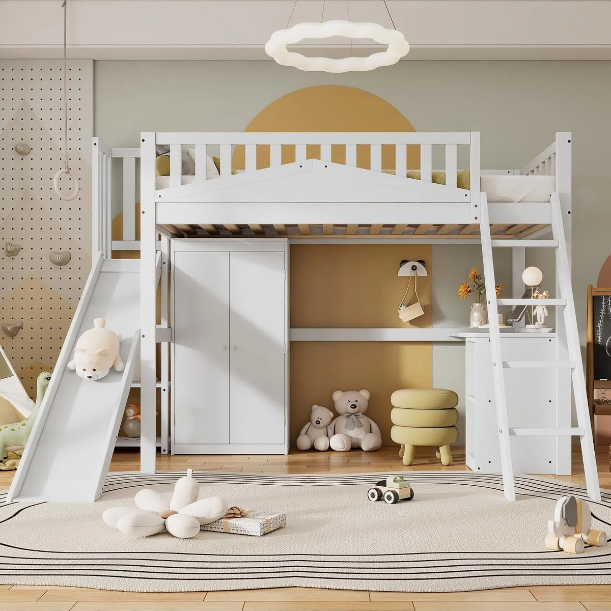 Lit superposé et lit mezzanine – MDF, pour enfant, avec rangement, avec armoire, avec barrière anti-chute, 90 × 200 cm, blanc