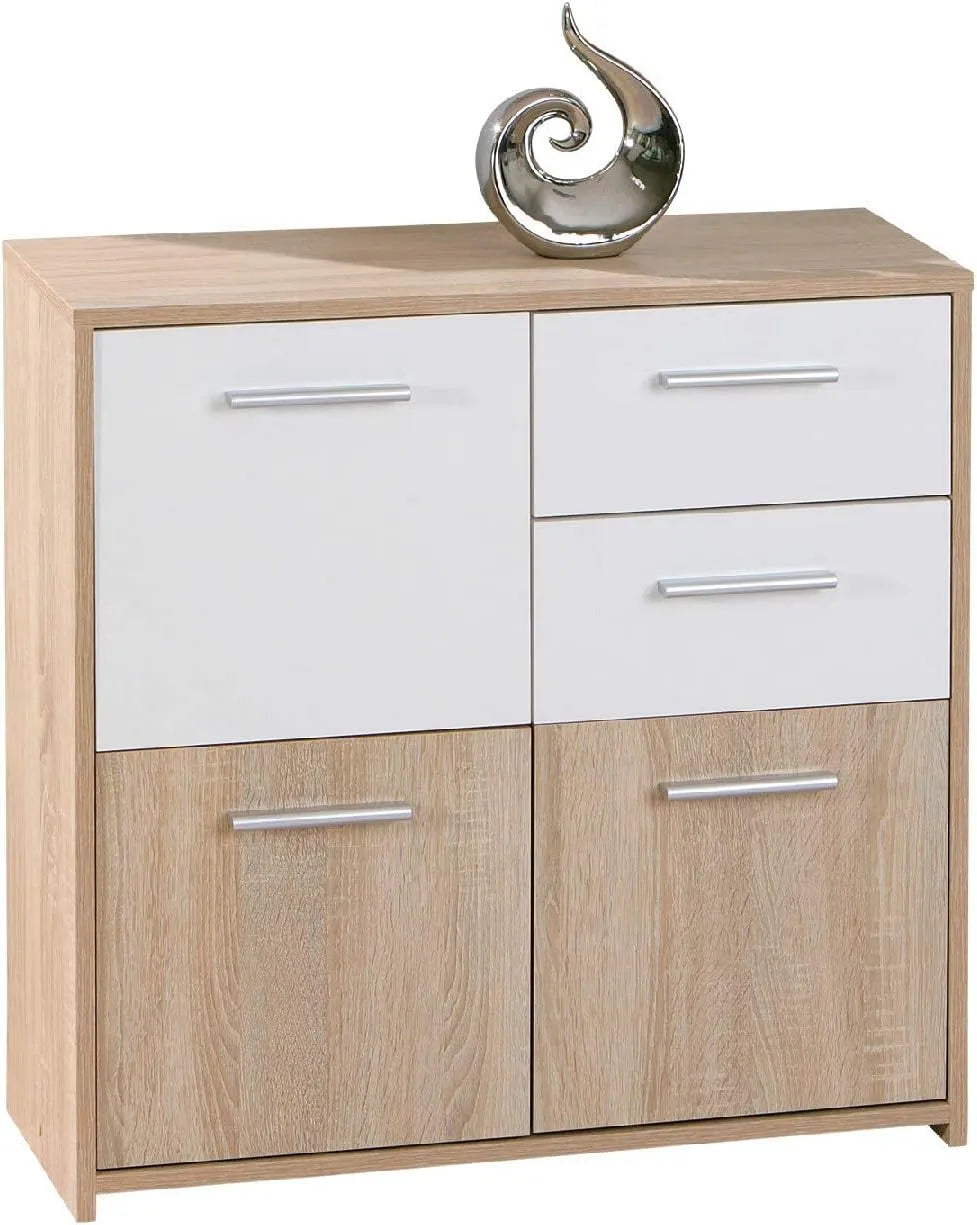 Dmora Buffet et meuble de rangement avec trois portes et deux tiroirs — avec tiroirs, 77 × 77 × 30 cm, blanc