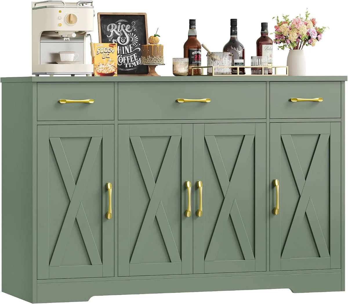 Buffet et meuble de rangement — avec rangement, avec tiroirs, réglable, 4 Portes, 3 Tiroirs, 140 cm, vert