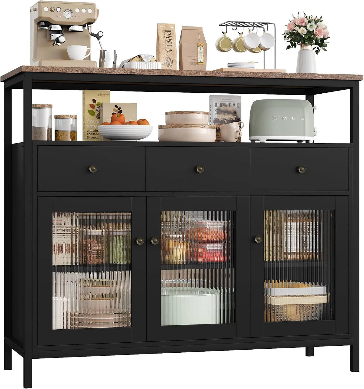 FirFurd Buffet et meuble de rangement Cuisine Meuble Cuisine Rangement Buffet Noir avec 3 – en métal, avec rangement, avec tiroirs, réglable, 3 Portes