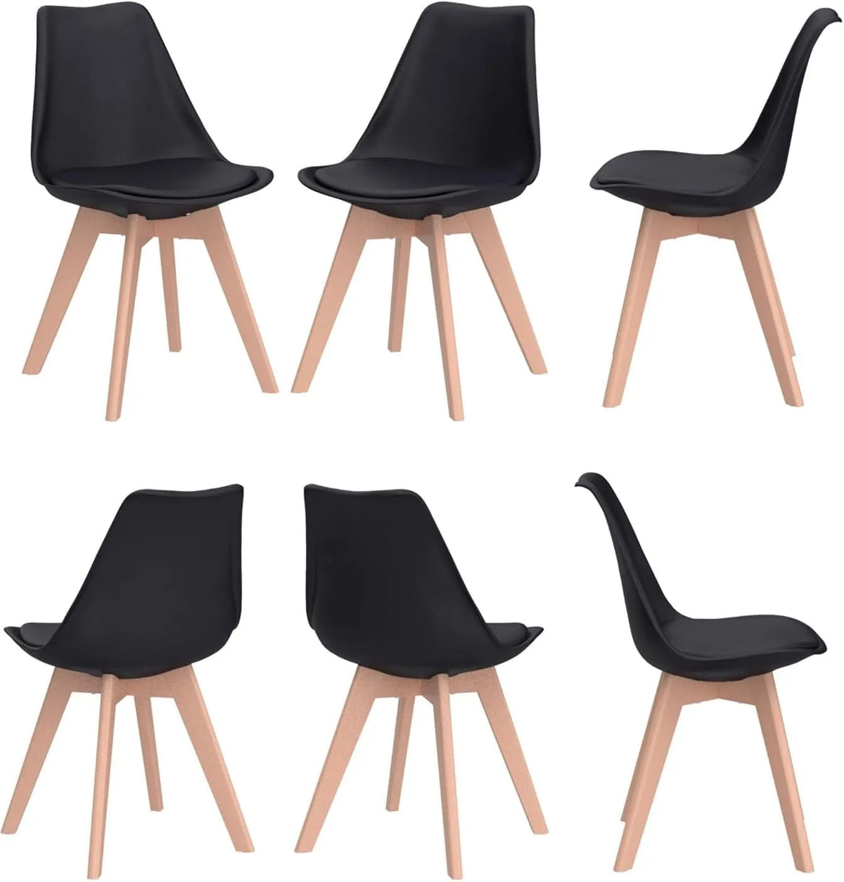 Chaise – en bois, rembourrage en mousse, avec coussins, Lot de 6, noir, en bois massif