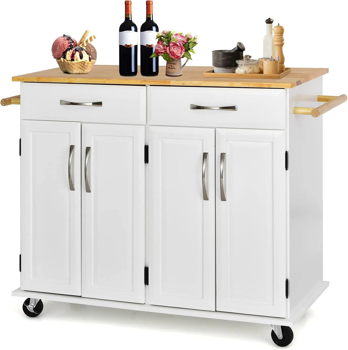 COSTWAY Desserte de Cuisine sur roulettes avec Comptoir en Bois D'hévéa: avec tiroirs, avec Bibliothèque et étagère de rangements, réglable, 4 Portes