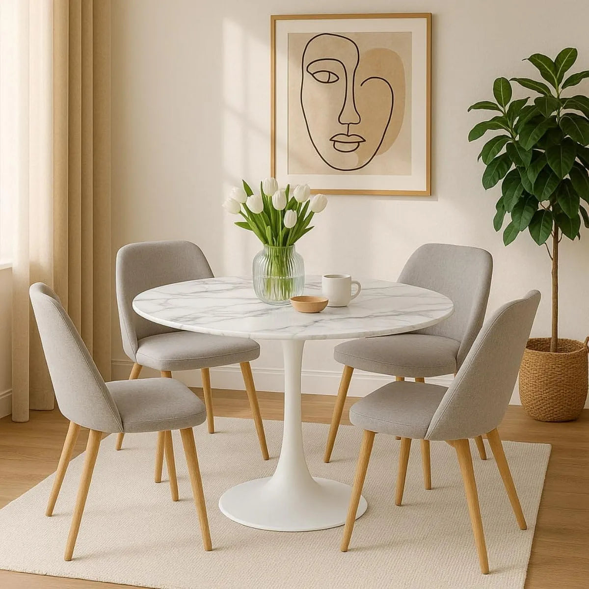 Table à manger et table de salle à manger: Tulips, en verre, en métal, 100 cm, blanc