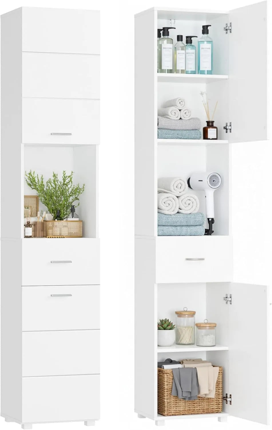 Armoire de rangement — sur pied, avec rangement, avec tiroirs, 37 × 30 × 180cm, blanc