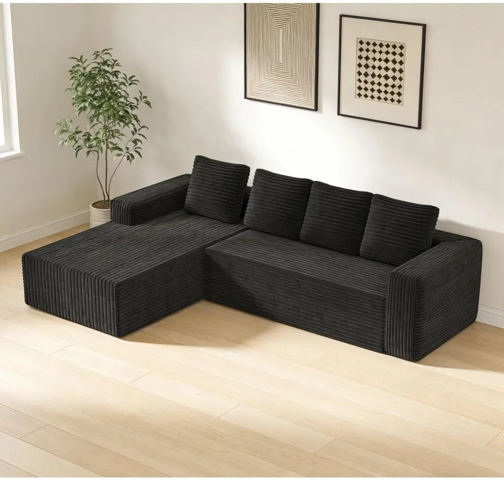 Canapé d'angle et canapé panoramique – modulaire, en velours côtelé, avec coussins, 4 Places, noir