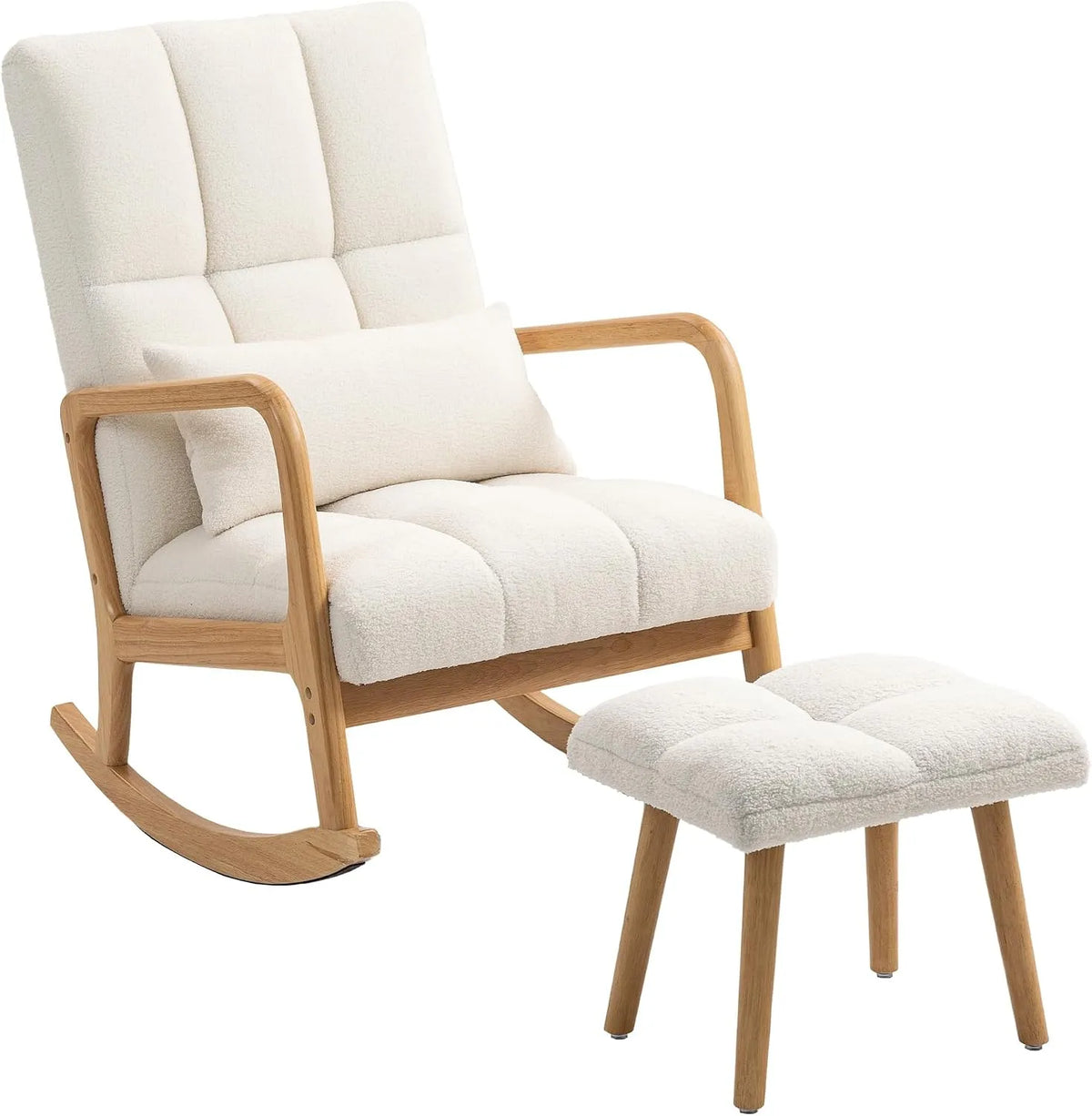 HOMCOM Fauteuil et chaise rembourrée à bascule – revêtement en tissu, en bois, avec coussins, revêtement bouclé, blanc