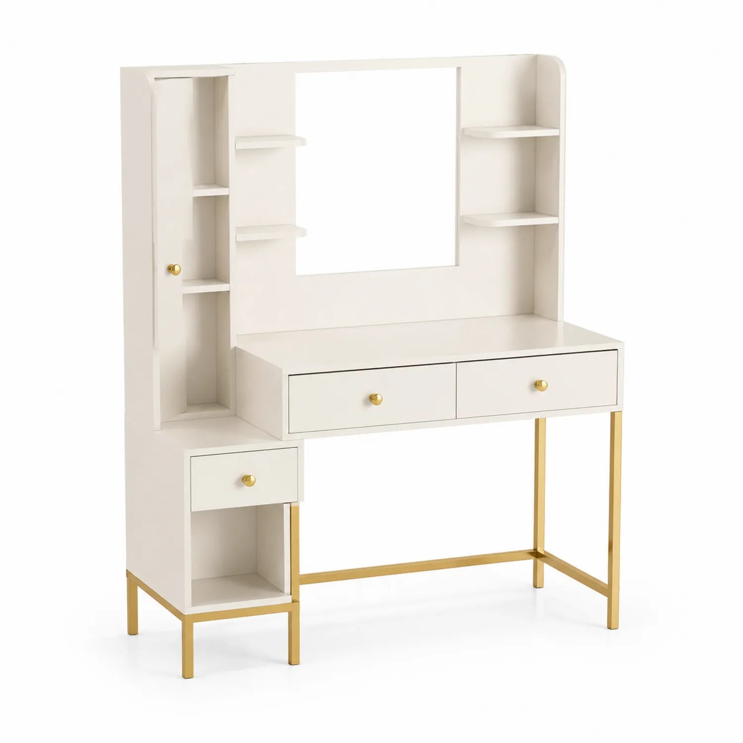 Coiffeuse en bois MDF et métal blanche avec étagères et miroir 110x40x142 cm